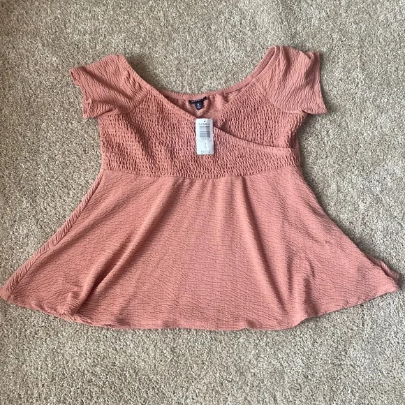 Torrid Dusty Pink Textured Smocked Off Shoulder Babydoll Top CrissCross Surplice - Picture 2 of 10